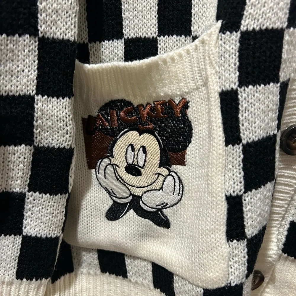 NEW Black & Off White Checkerboard Cardigan Sweater with Mickey Pockets - Picture 2 of 4